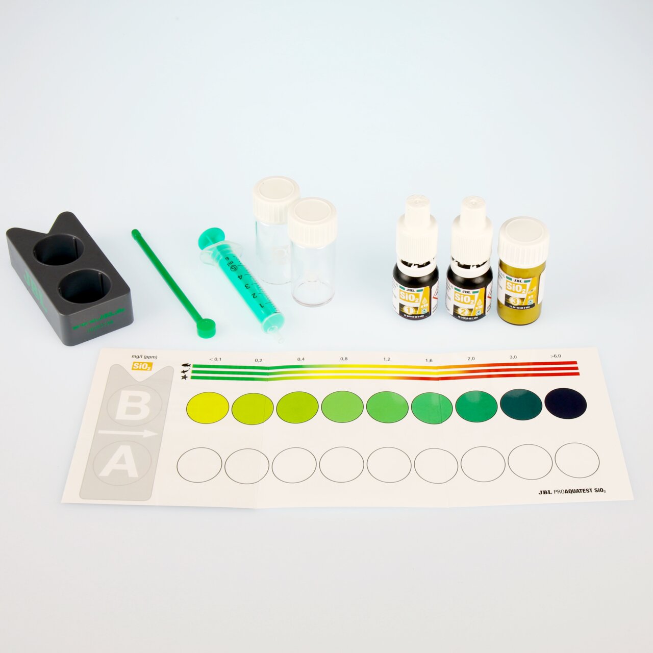 JBL ProAquaTest SiO2, Wassertest-Set f. Aquarien-Teiche, misst Silikatwerte, inkl. Reagenzien, Testgläser, Spritze, Löffel, Farbskala.