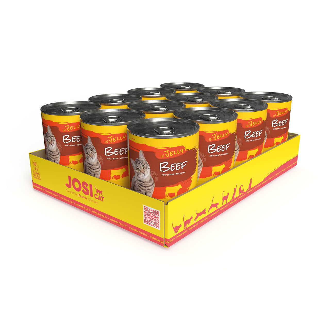 Josera JosiCat Rind in Jelly, Nassfutter für ausgewachsene Katzen, Geschmacksrichtung Rind, 12x400g, gelbe Verpackung mit Katzenmotiven.