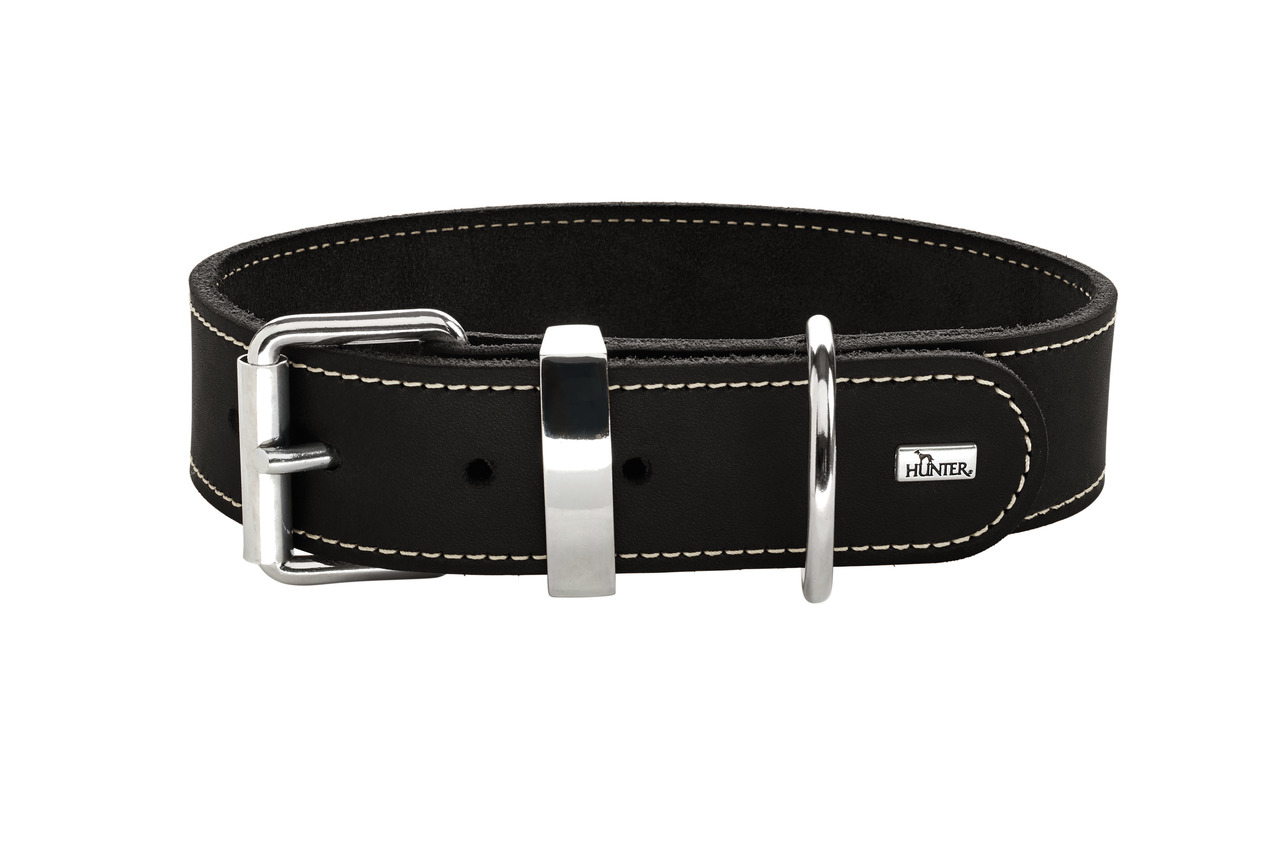 HUNTER Hundehalsband, Leder, schwarz, weiße Ziernähte, silberne Metallelemente, robust, stilvoll, langlebig, für Hunde, Alltag.