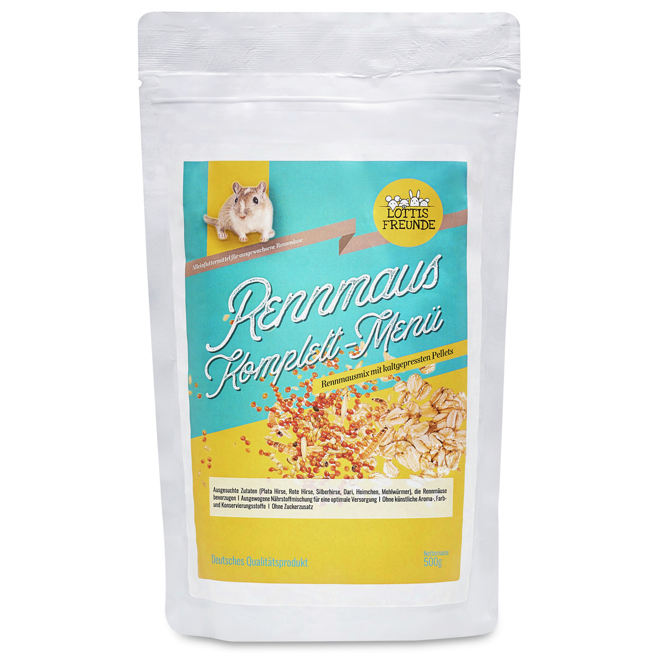 Das Bild zeigt eine weiße Verpackung des Produkts „Rennmaus Komplett-Menü“ der Marke LOTTIS FREUNDE. Es handelt sich um ein ausgewogenes Alleinfuttermittel für Rennmäuse mit kaltgepressten Pellets. Die Geschmacksrichtung umfasst Hirse, Hafer und weitere G