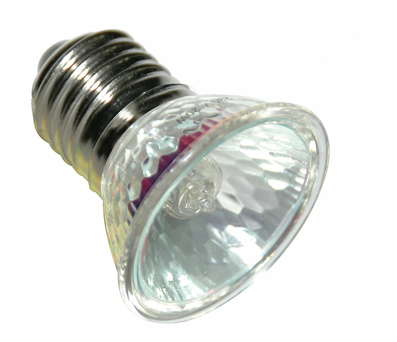 Glas-Reflektorlampe "Lucky Reptile" für Reptilien, geeignet für Terrarien, E27-Fassung, 12 V, silberne Details erkennbar.