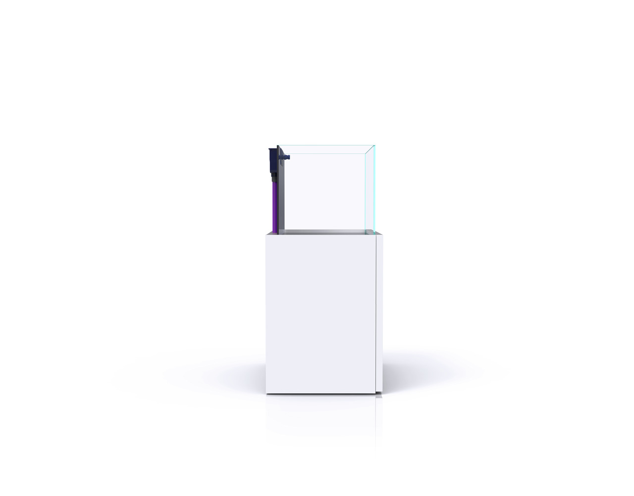 Nyos Opus 300 Aquarium: Meerwasseraquarium für Salzwasserfische & Korallen, eleganter weißer Unterschrank, modernes Design.