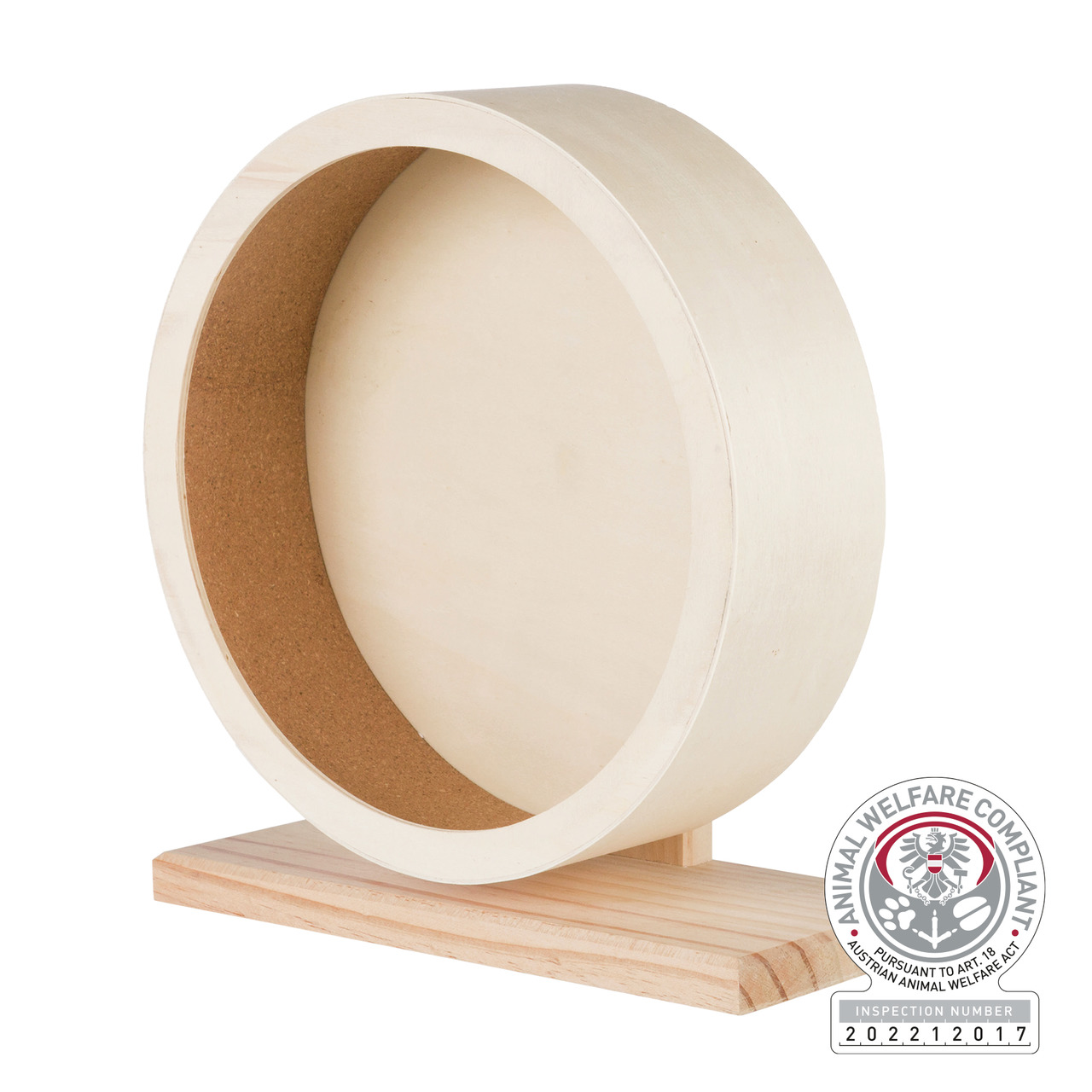 TRIXIE Holzlaufrad, für Hamster/Mäuse, unbehandeltes Holz, Korklauffläche, gelenkschonend, stabiler Sockel, „Animal Welfare“-Siegel.