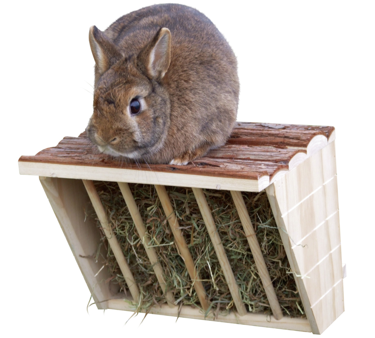 Kerbl Heuraufe aus Holz, gefüllt mit Heu, für Kaninchen & Meerschweinchen. Robuste Konstruktion, fördert artgerechte Haltung.