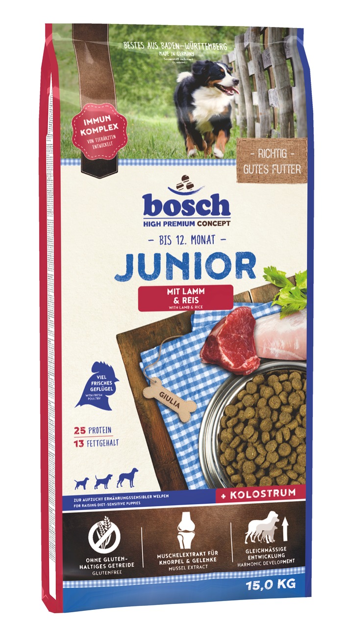 bosch Junior Lamm & Reis, 15 kg, für Welpen bis 12 Mon., glutenfrei, mit Kolostrum, 25 % Protein, 13 % Fett, stärkt Immunsystem.