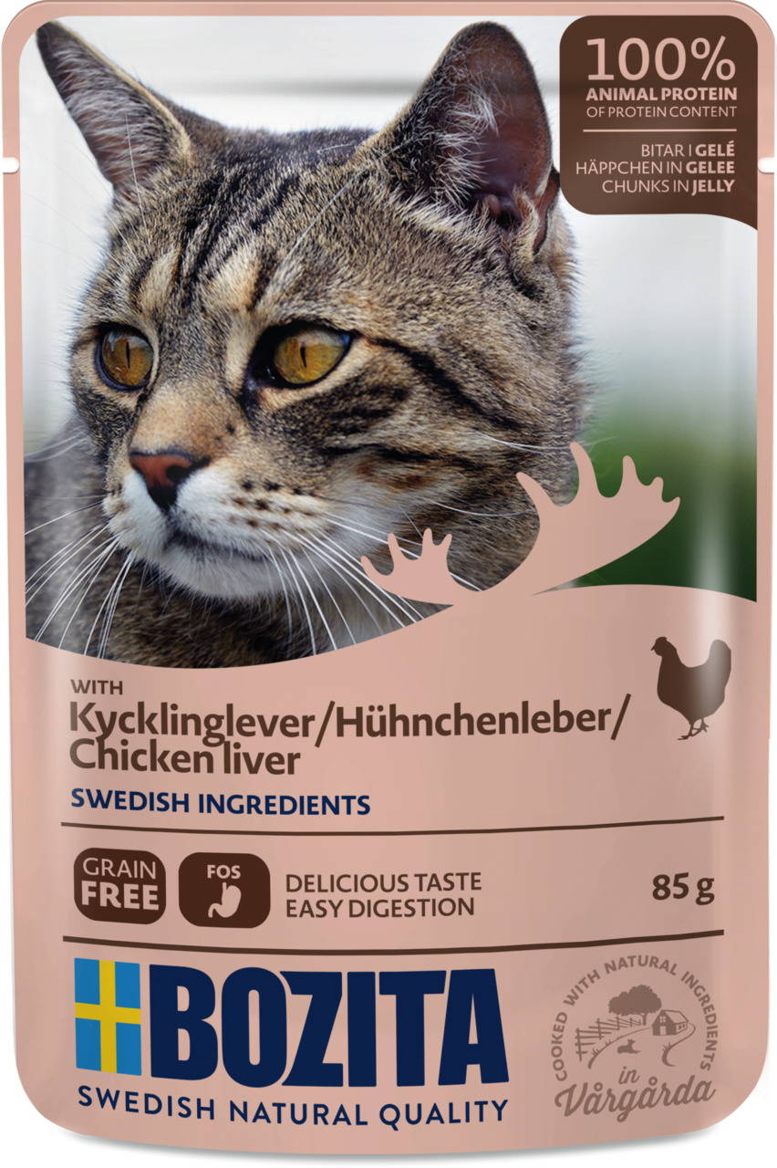 Bozita Swedish Natural Quality Katzenfutter, Hühnerleber in Gelee, 85 g, getreidefrei, 100 % tierisches Protein, leichte Verdauung.