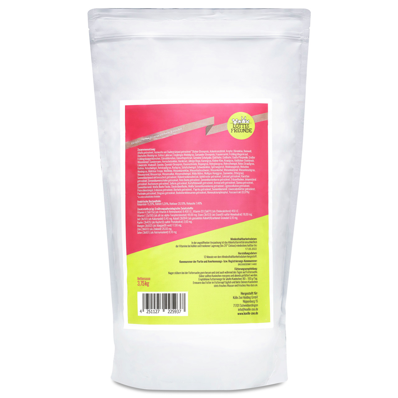 Lottis Freunde Trockenfutter für Hunde, 3,75 kg, hochwertig, rote/gelbe Verpackung, Inhaltsstoffe & Herstellerinfos auf Etikett.