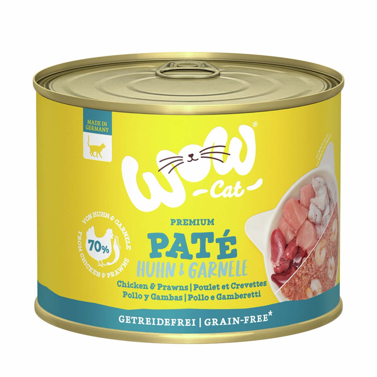 Dose WOW CAT Premium Paté für Katzen, Geschmack Huhn & Garnele, getreidefrei, 70 % Fleisch, 200 g, hergestellt in Deutschland.