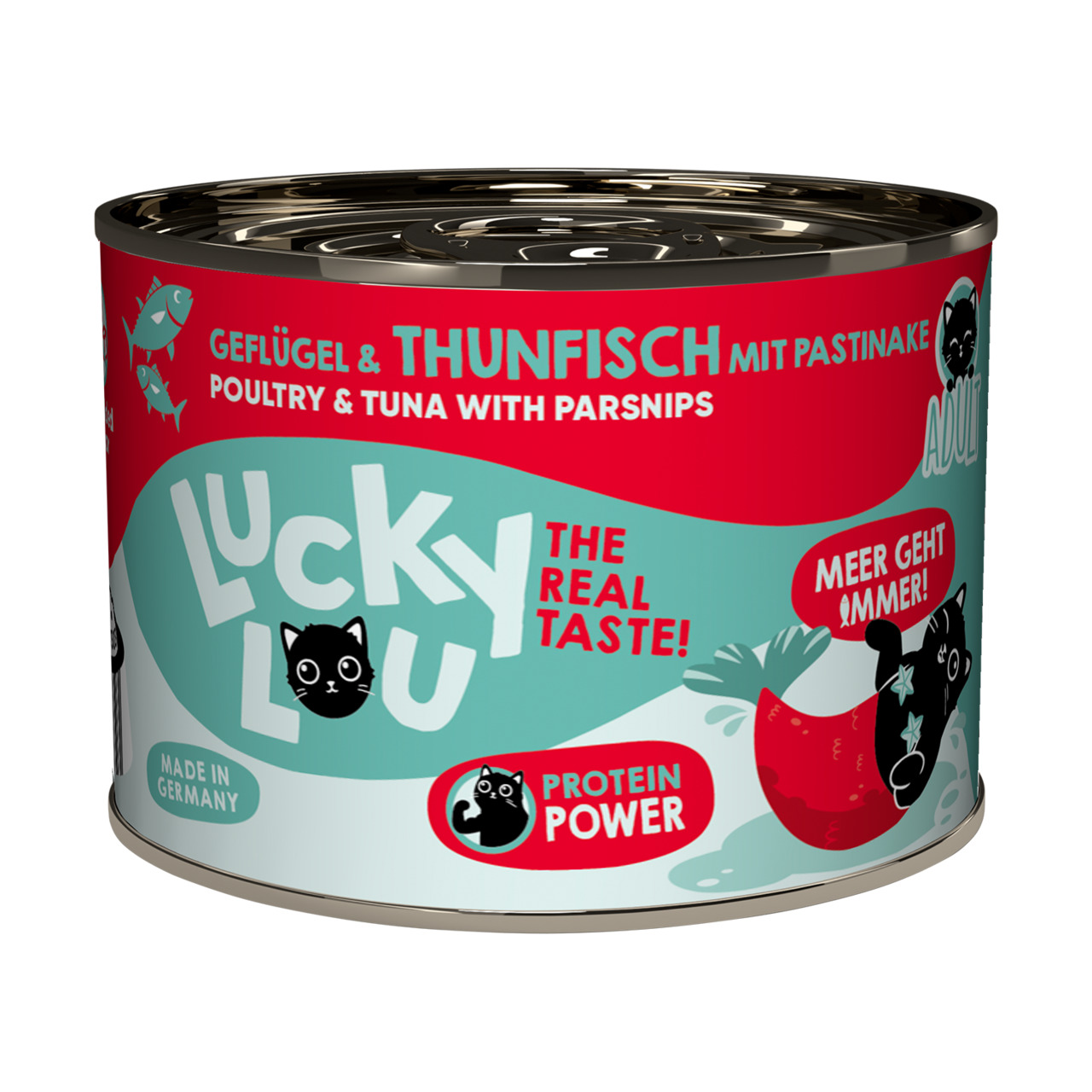 Eine runde Dose Katzenfutter der Marke Lucky Lou mit der Geschmacksrichtung Geflügel, Thunfisch und Pastinake. Zielgruppe sind Katzen. Auf der Dose stehen Werbeaussagen wie „The Real Taste!“ und „Protein Power“. Die Menge ist nicht erkennbar. Hergestellt 