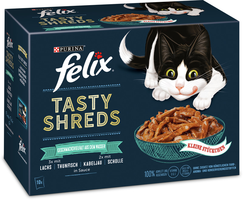 Das Bild zeigt eine Verpackung des Katzenfutters „Purina Felix Tasty Shreds“. Es richtet sich an Katzen und bietet eine Geschmacksvielfalt aus dem Wasser mit Lachs, Thunfisch, Kabeljau und Scholle in Sauce. Die Packung enthält 10 Portionen mit kleinen Stü