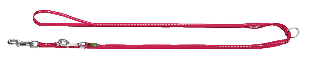 Rote, verstellbare Hundeleine der Marke HUNTER, Modell Freestyle, aus robustem Nylon mit reflektierenden Nähten für bessere Sichtbarkeit. Geeignet für Hunde aller Größen. Die Leine verfügt über zwei Karabinerhaken und mehrere Befestigungsringe, um die Län