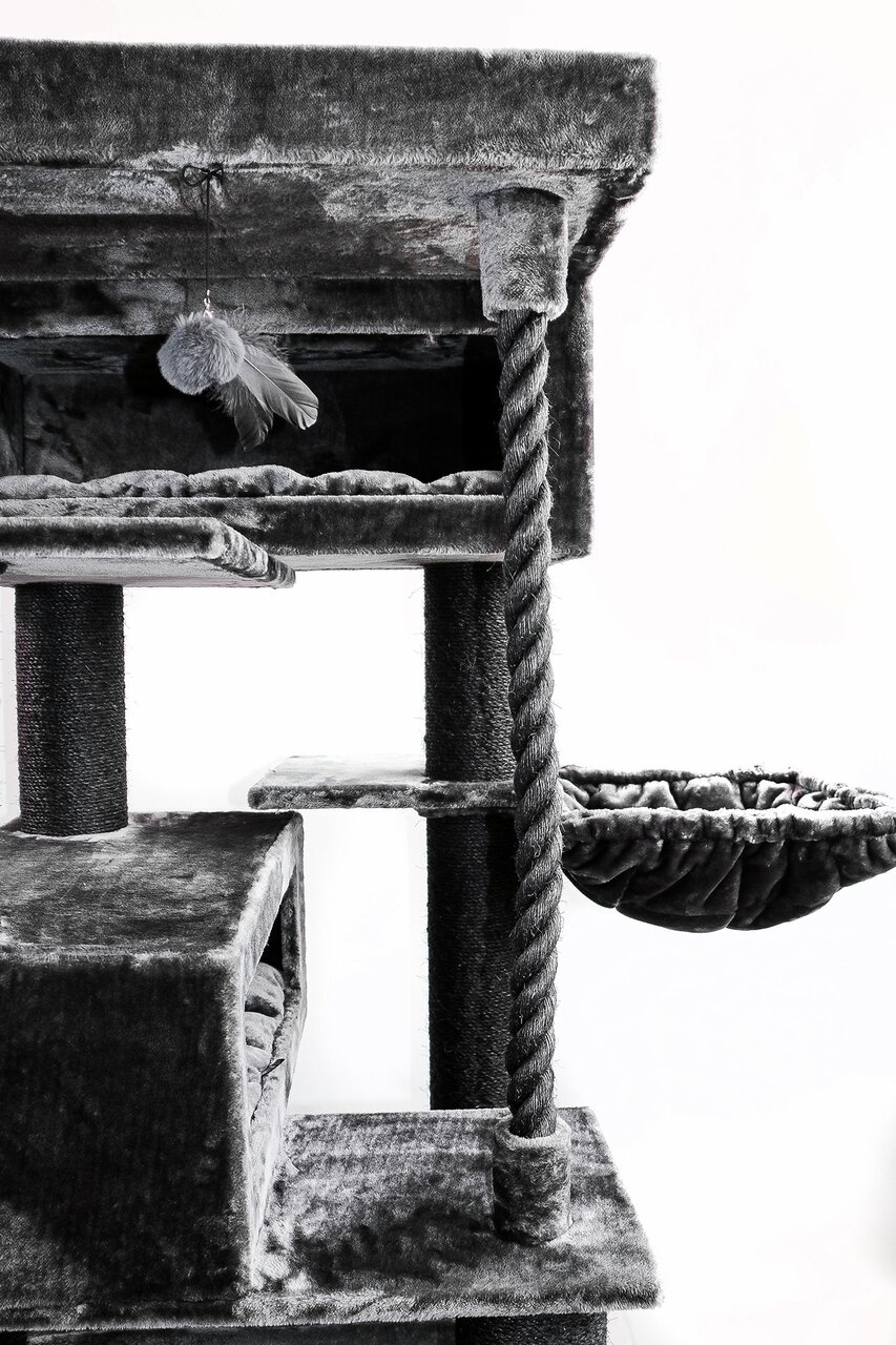 Petrebels Kratzbaum, dunkelgrau, für Katzen, mit Höhle, Hängematte, Feder-Spielzeug, ideal für Spiel, Entspannung, Krallenpflege.