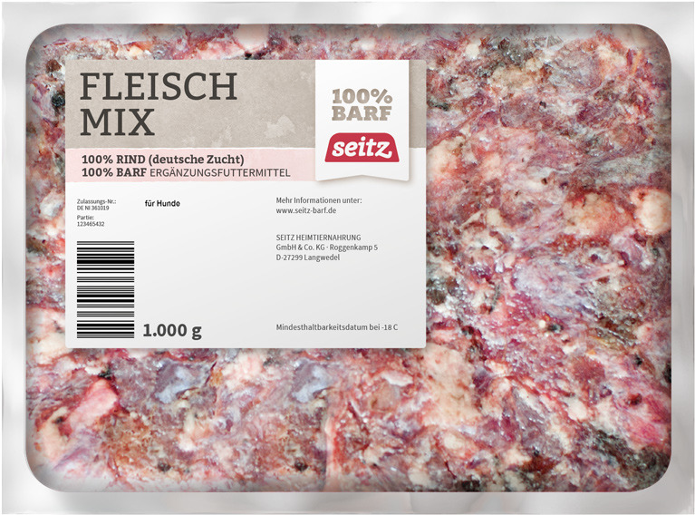 Seitz Fleisch Mix, Ergänzungsfuttermittel für Hunde, 100 % Rindfleisch, BARF-geeignet, 1.000 g, tiefgefroren.