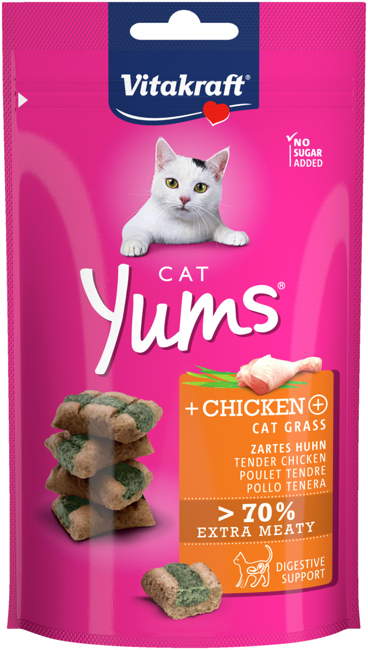 Vitakraft Cat Yums Katzensnacks Huhn & Katzengras, 70 % Fleisch, "No Sugar Added", "Digestive Support", für Katzen.