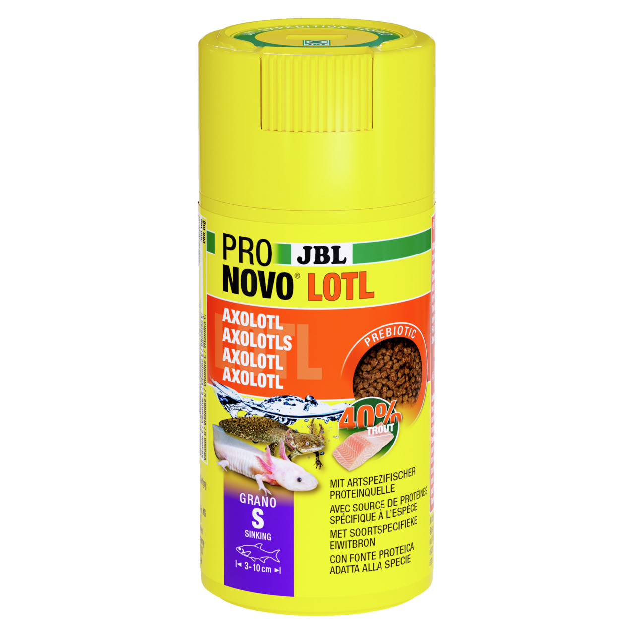 JBL ProNovo Lotl, Axolotl-Futter, 100 ml, für Axolotl 3-10 cm, 40 % Forellenprotein, präbiotisch, sinkend, artgerechte Ernährung.