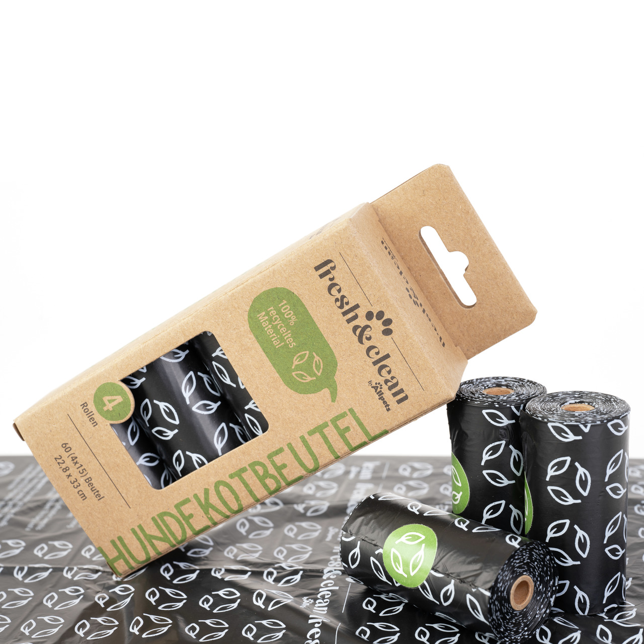 Fresh & Clean Hundekotbeutel, 4 Rollen, biologisch abbaubar, 100 % recycelt, schwarz mit Blättermotiv, für Hundebesitzer.