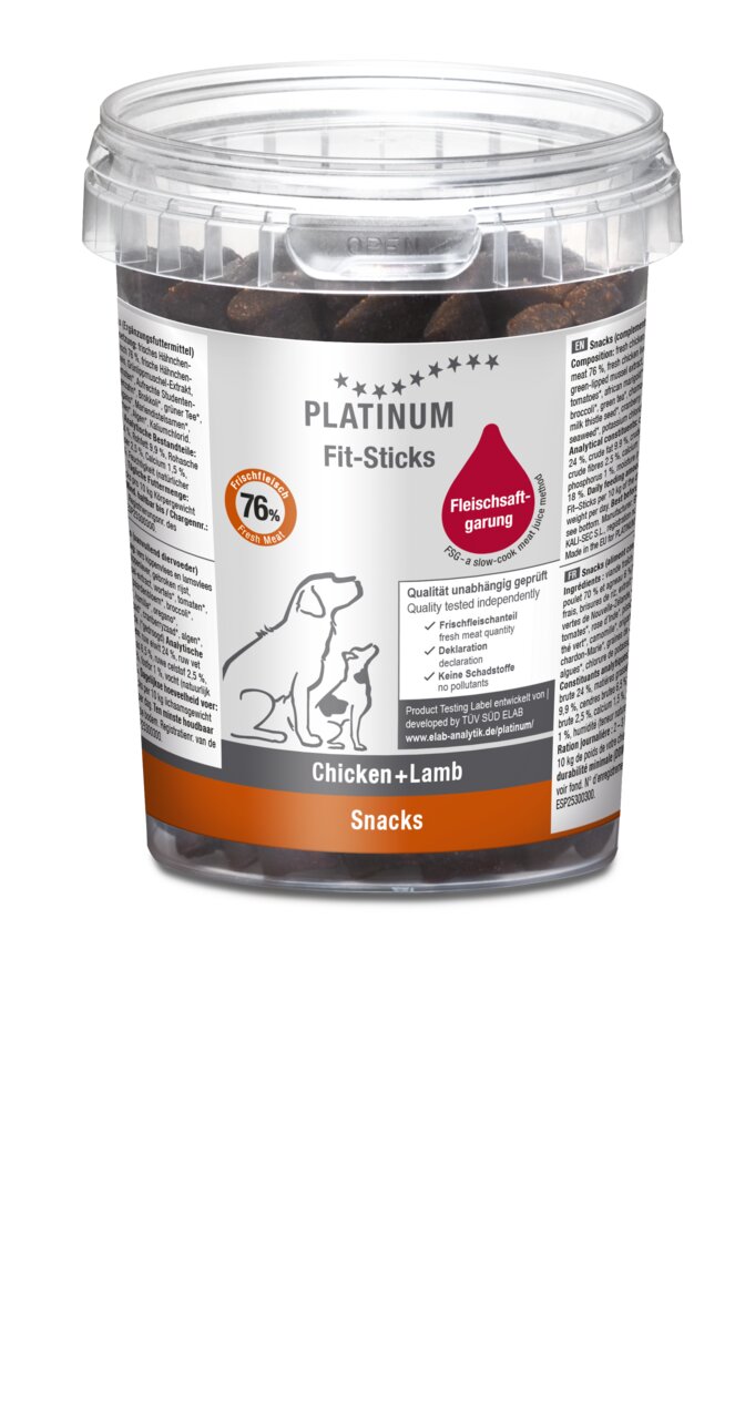 PLATINUM Fit-Sticks für Hunde, Geschmack Hühnchen+Lamm, fleischsaftgegarte Snacks, 300 g Becher, hohe Fleischqualität.