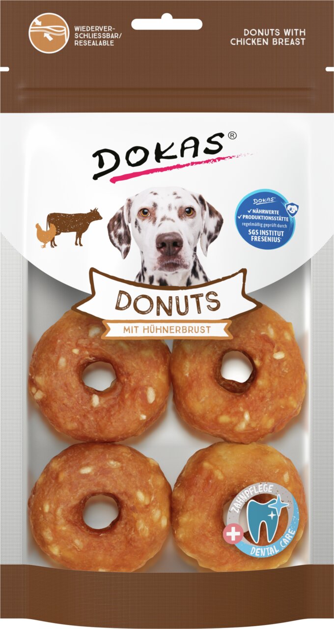 DOKAS Donuts mit Hühnerbrust für Hunde, unterstützt Zahnpflege, wiederverschließbar, 4 Stück im Beutel, geprüft von SGS Institut Fresenius.