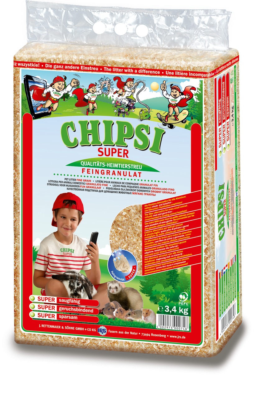 Das Bild zeigt eine Verpackung des Produkts "CHIPSI Super Qualitäts-Heimtierstreu Feingranulat" der Marke CHIPSI. Es handelt sich um eine Einstreu für Kleintiere wie Hamster, Meerschweinchen und Frettchen. Die Verpackung enthält 3,4 kg Streu, die saugfähi