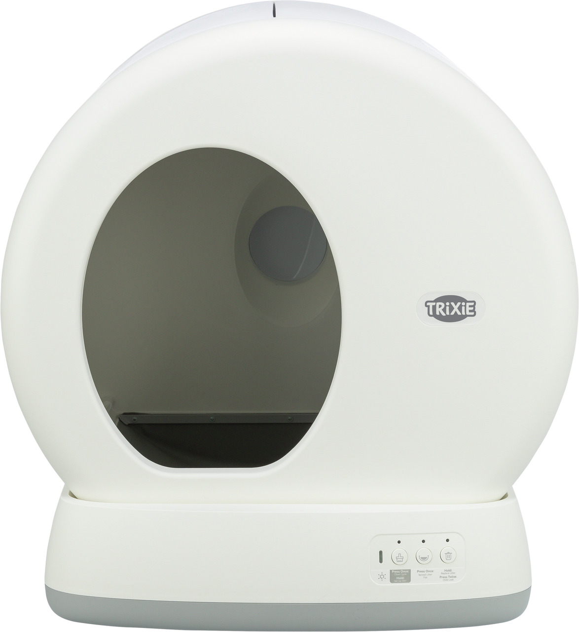 Das Bild zeigt die TRIXIE Katzentoilette „Primo XXL“, ein modernes, automatisches Katzenklo in Weiß. Es ist speziell für Katzen entwickelt und bietet eine hygienische Lösung für die tägliche Reinigung. Die ovale Form mit großem Eingang sorgt für Komfort. 