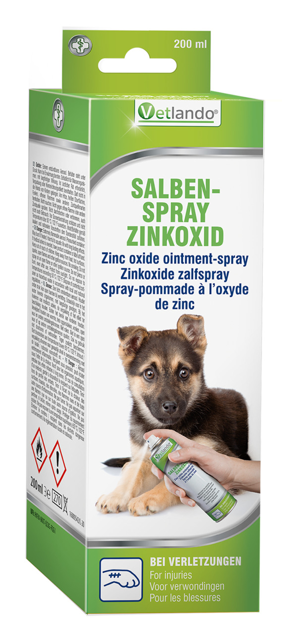 Vetlando Salben-Spray Zinkoxid, 200 ml, für Haustiere, Wundpflege, enthält Zinkoxid, grün-weiße Verpackung mit Tiermotiv.