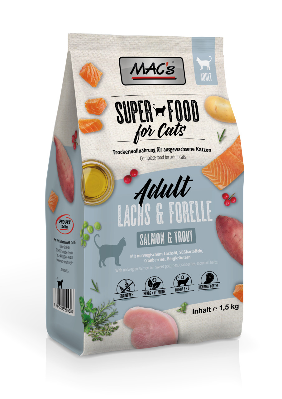 MAC's Trockenfutter, 1,5 kg, für ausgewachsene Katzen, Lachs & Forelle, getreidefrei, mit Lachsöl, Süßkartoffeln, Cranberries & Kräutern.