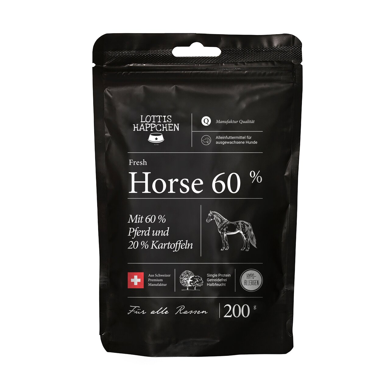 Alleinfuttermittel für Hunde von Lottis Häppchen, Geschmacksrichtung Pferd, 200 g, mit 60 % Pferd und 20 % Kartoffeln.