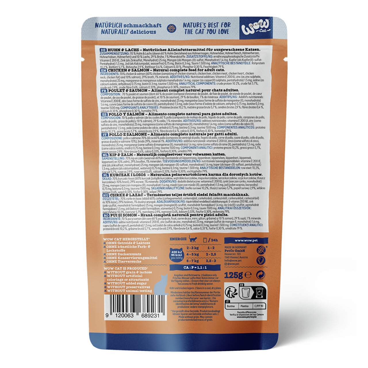 WOW CAT Huhn & Lachs, für ausgewachsene Katzen, Geschmack: Huhn & Lachs, 125 g, ohne Getreide, Zuckerzusatz, Farb- & Konservierungsstoffe.