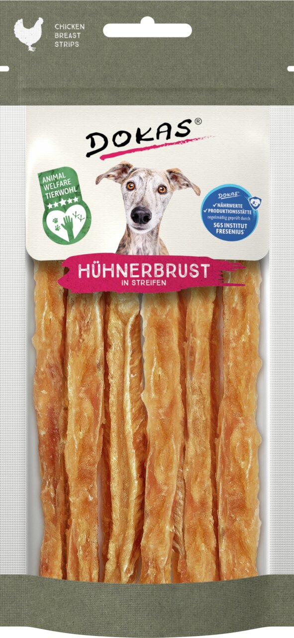 DOKAS Hühnerbrust in Streifen für Hunde, Geschmacksrichtung Huhn, tiergerecht, Menge erkennbar: 70 g, geprüft durch SGS Institut.