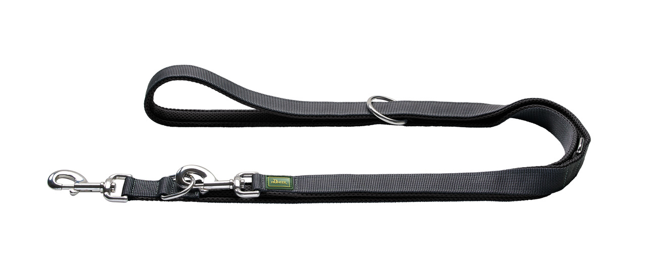 HUNTER Führleine "Tripoli", Schwarz, für Hunde, Nylon, 2 Karabiner, Metallring, gepolsterte Schlaufen, Komfort, ideal für Spaziergänge.