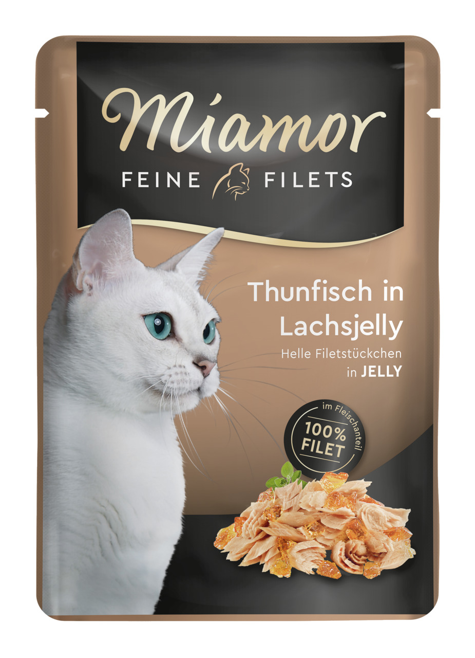 Miamor Feine Filets Katzenfutter, Thunfisch in Lachsjelly, 100 % Filet, helle Filetstücke in Jelly, für Katzen.