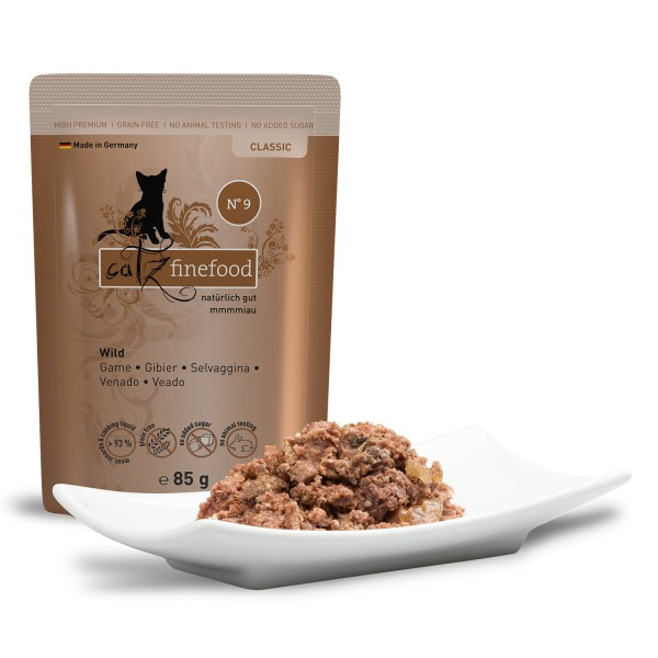 Catz finefood No. 9, Katzen, Wild, getreidefreies Nassfutter ohne Zuckerzusatz, 85 g, hochwertig, Made in Germany.