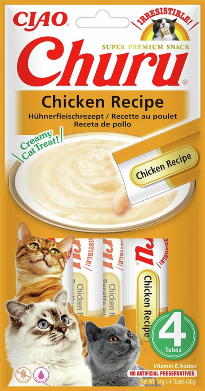 CIAO Churu Hühnerfleisch-Snack für Katzen, Geschmacksrichtung Hühnchen, 4 Tuben (je 14 g), ohne künstliche Konservierungsstoffe.