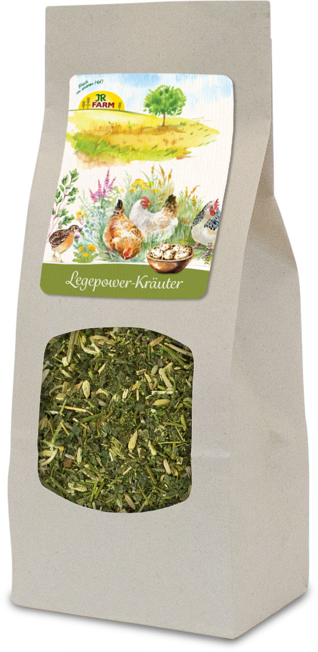 JR FARM Legepower-Kräuter, für Hühner & Geflügel, Kräutermischung zur Legeleistung, Inhalt: sichtbar in brauner Papiertüte.