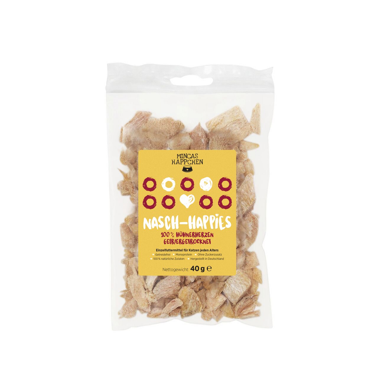 MINCAS HÄPPCHEN Nasch-Happies, gefriergetrocknete Hühnerherzen, Katzen jeden Alters, getreidefrei, monoprotein, ohne Zucker, 40 g.