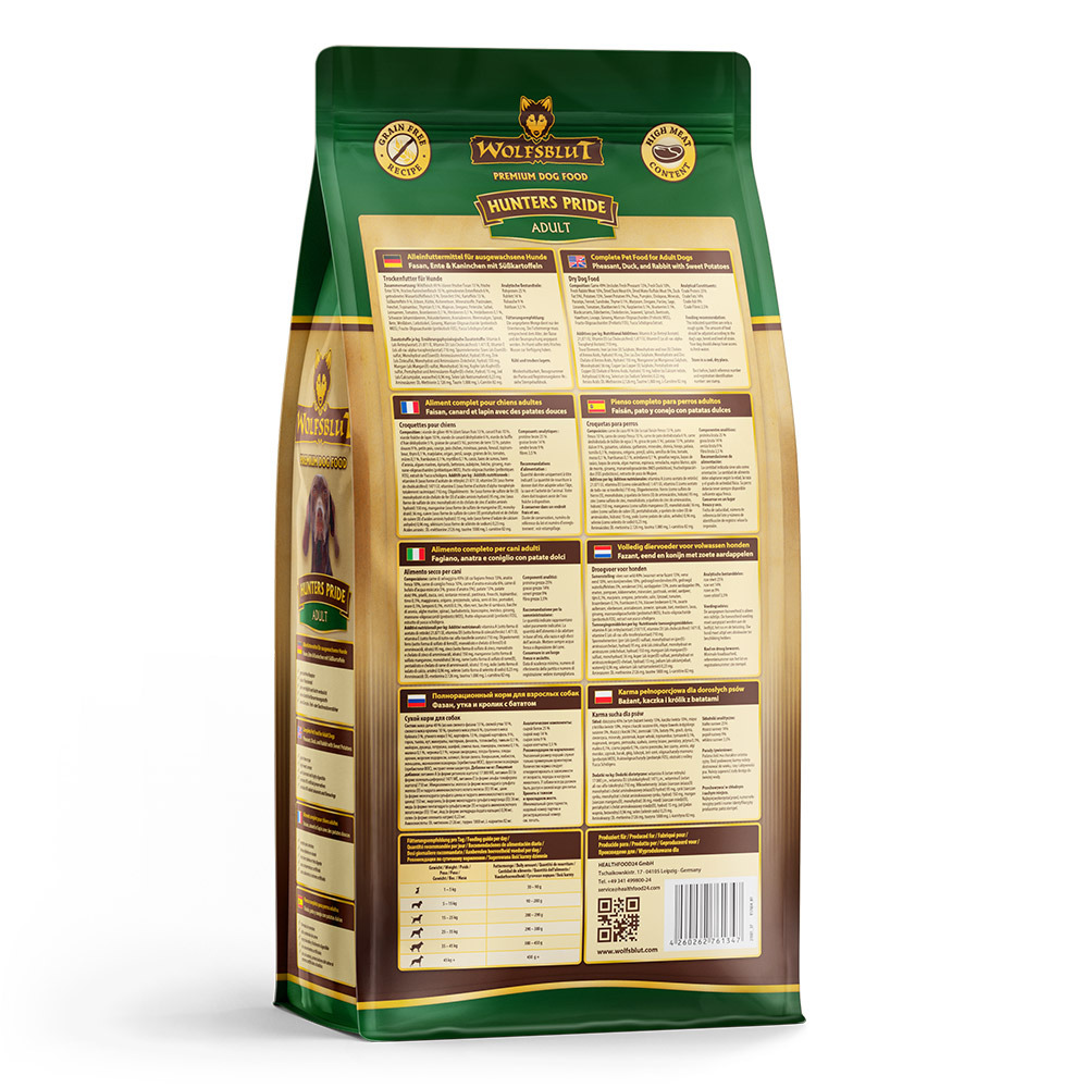 Wolfsblut Hunter's Pride Adult, 15 kg, getreidefreies Trockenfutter für Hunde, Wild-Ente-Kaninchen, hoher Fleischanteil, natürliche Zutaten.