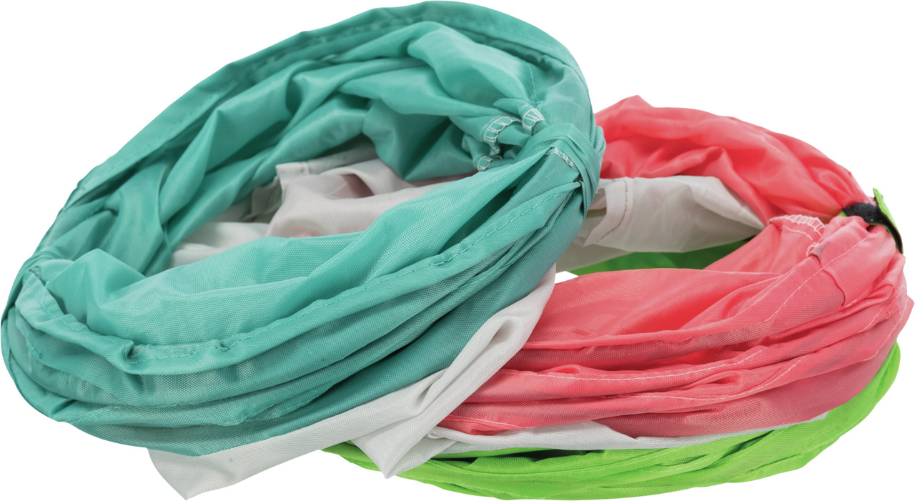 Das Bild zeigt den TRIXIE Agility Tunnel für Hunde, ein Trainingsgerät aus strapazierfähigem Nylon in den Farben Türkis, Pink und Grün. Der Tunnel ist für Hunde aller Größen geeignet und fördert Bewegung, Geschicklichkeit und Bindung zwischen Hund und Hal