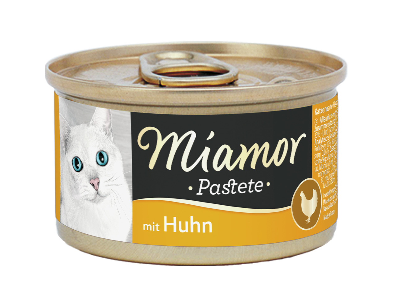 Miamor Pastete mit Huhn für Katzen, Geschmacksrichtung Huhn, goldene Dose mit weißem Katzenkopf, Menge nicht erkennbar.