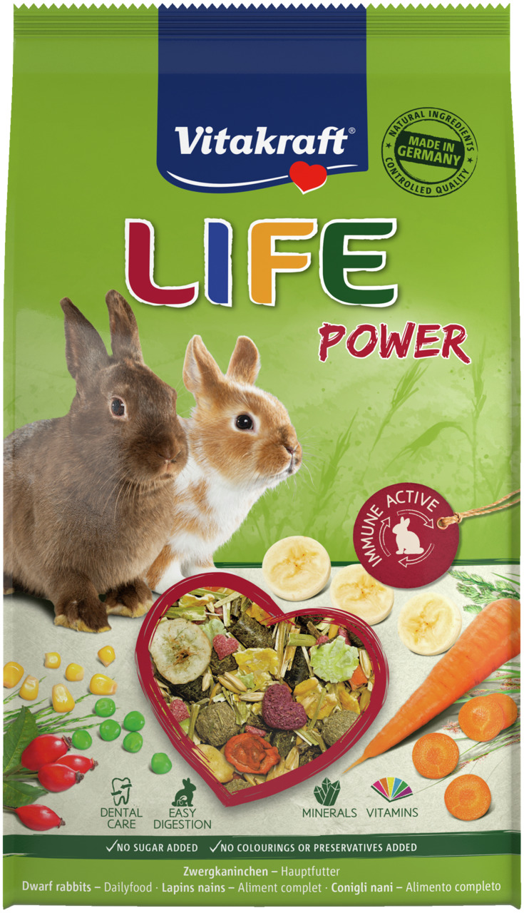 Vitakraft LIFE Power, Hauptfutter f. Zwergkaninchen, mit Karotten, Bananen & Beeren, Verdauung, Zahnpflege, Immunsystem, 600 g.