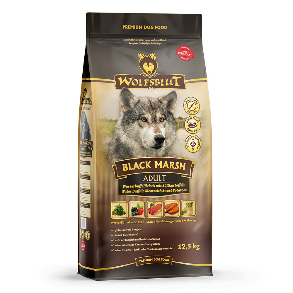 WOLFSBLUT Black Marsh Adult, 12,5 kg, getreidefreies Premium-Hundefutter f. erw. Hunde, Wasserbüffel & Süßkartoffeln, nat. Zutaten.