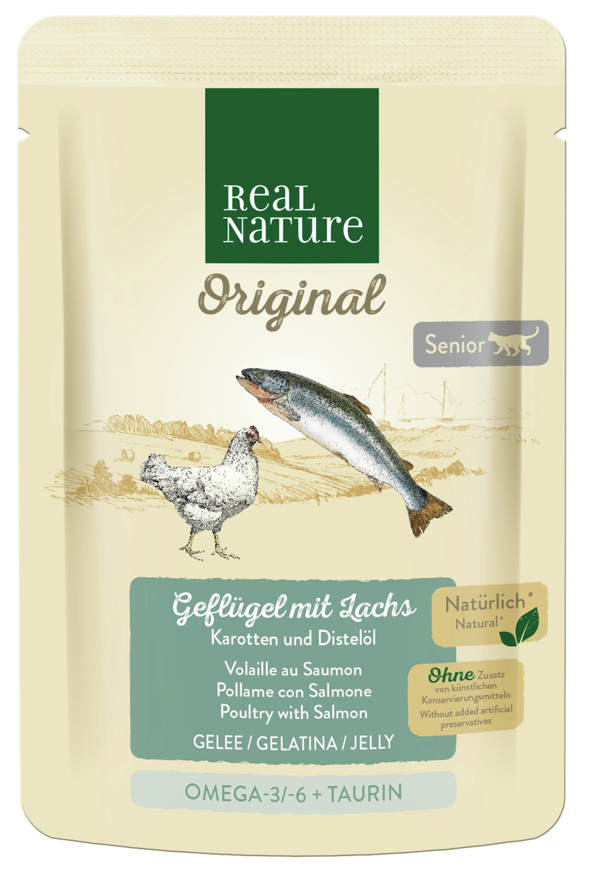 REAL NATURE Original Senior Geflügel+Lachs in Gelee, für ältere Katzen, mit Karotten+Distelöl, ohne künstl. Konservierungsstoffe.