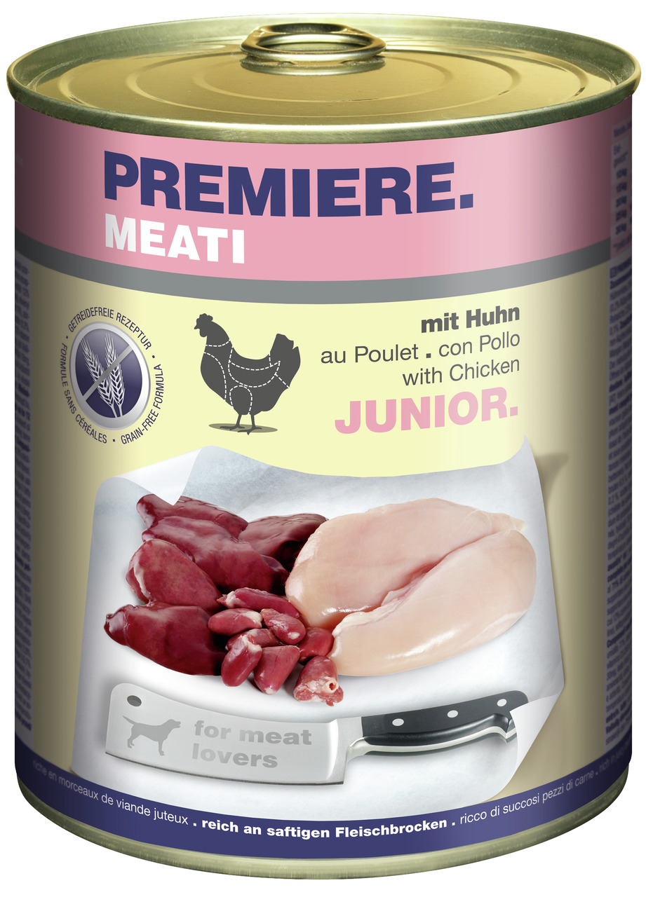Die Abbildung zeigt eine Dose PREMIERE MEATI Junior Hundefutter mit Huhn. Die Zielgruppe sind junge Hunde. Das Produkt enthält eine getreidefreie Rezeptur und ist reich an saftigen Fleischstücken. Auf der Dose sind frische Hühnerbrust, Innereien und ein M