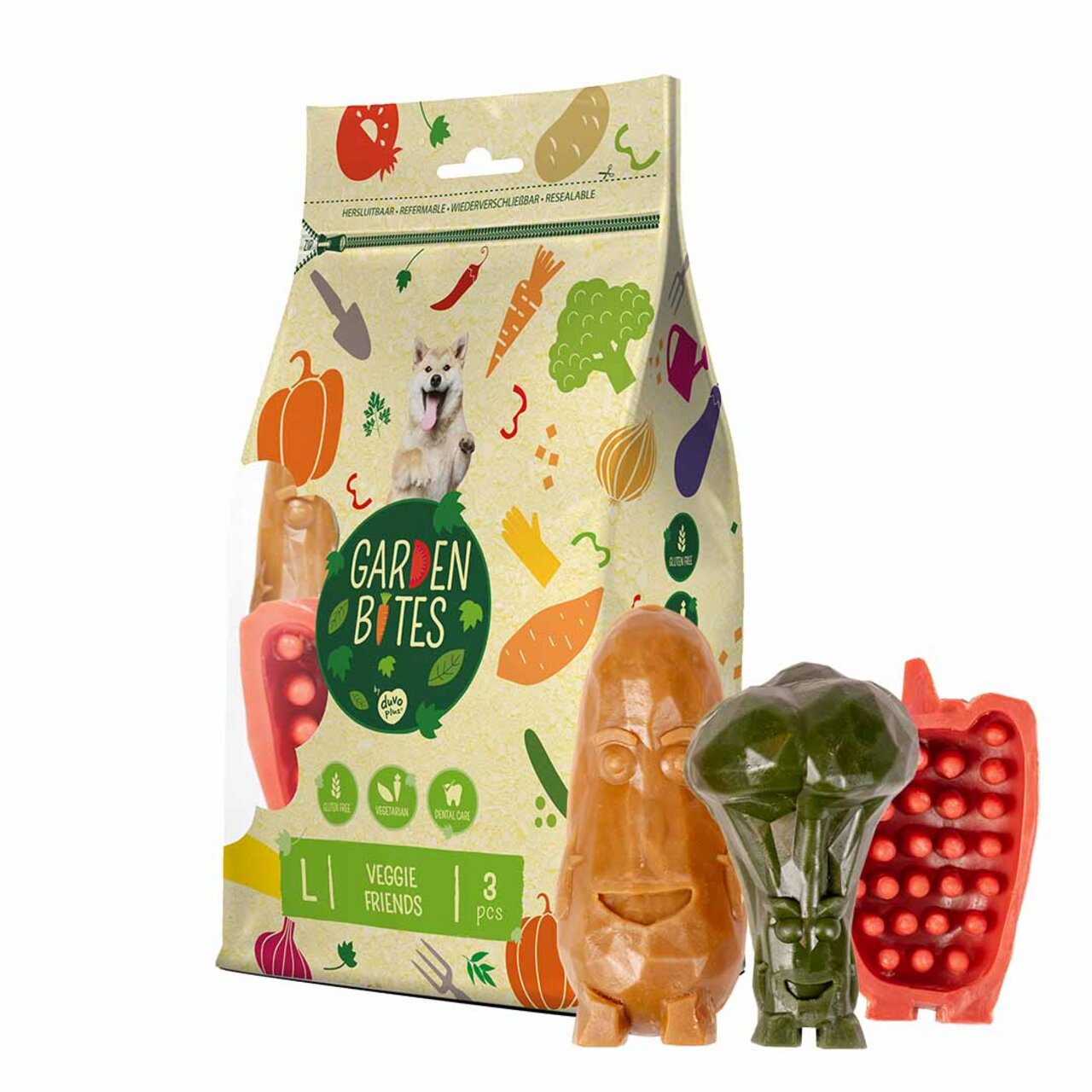Hunde-Snack „Garden Bites Veggie Friends“ von duvoplus, vegetarisch, glutenfrei, für Hunde, 3 Stück in Gemüseformen.