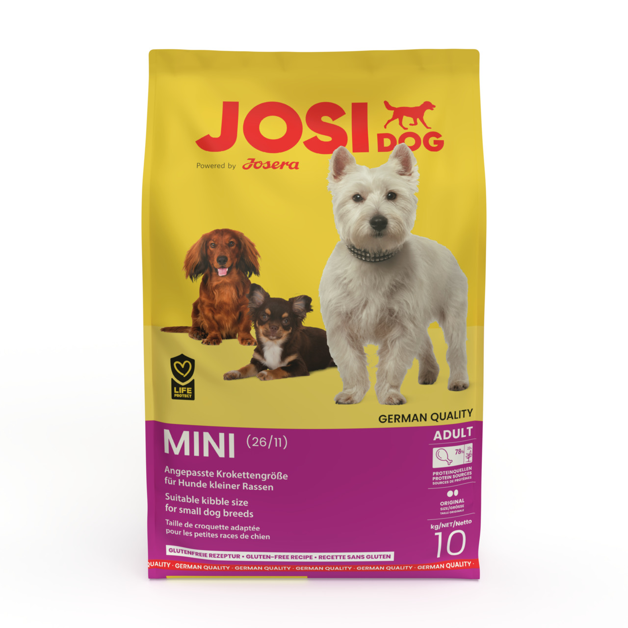 Josera JosiDog Mini, Hundefutter f. kl. Rassen, glutenfrei, 26 % Protein, 11 % Fett, 10 kg, angepasste Krokettengröße.