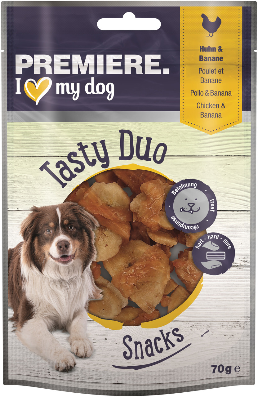 PREMIERE I love my dog Tasty Duo Snacks, Huhn & Banane, 70 g, für Hunde, knusprige Belohnung, braun-weißer Hund auf Verpackung.
