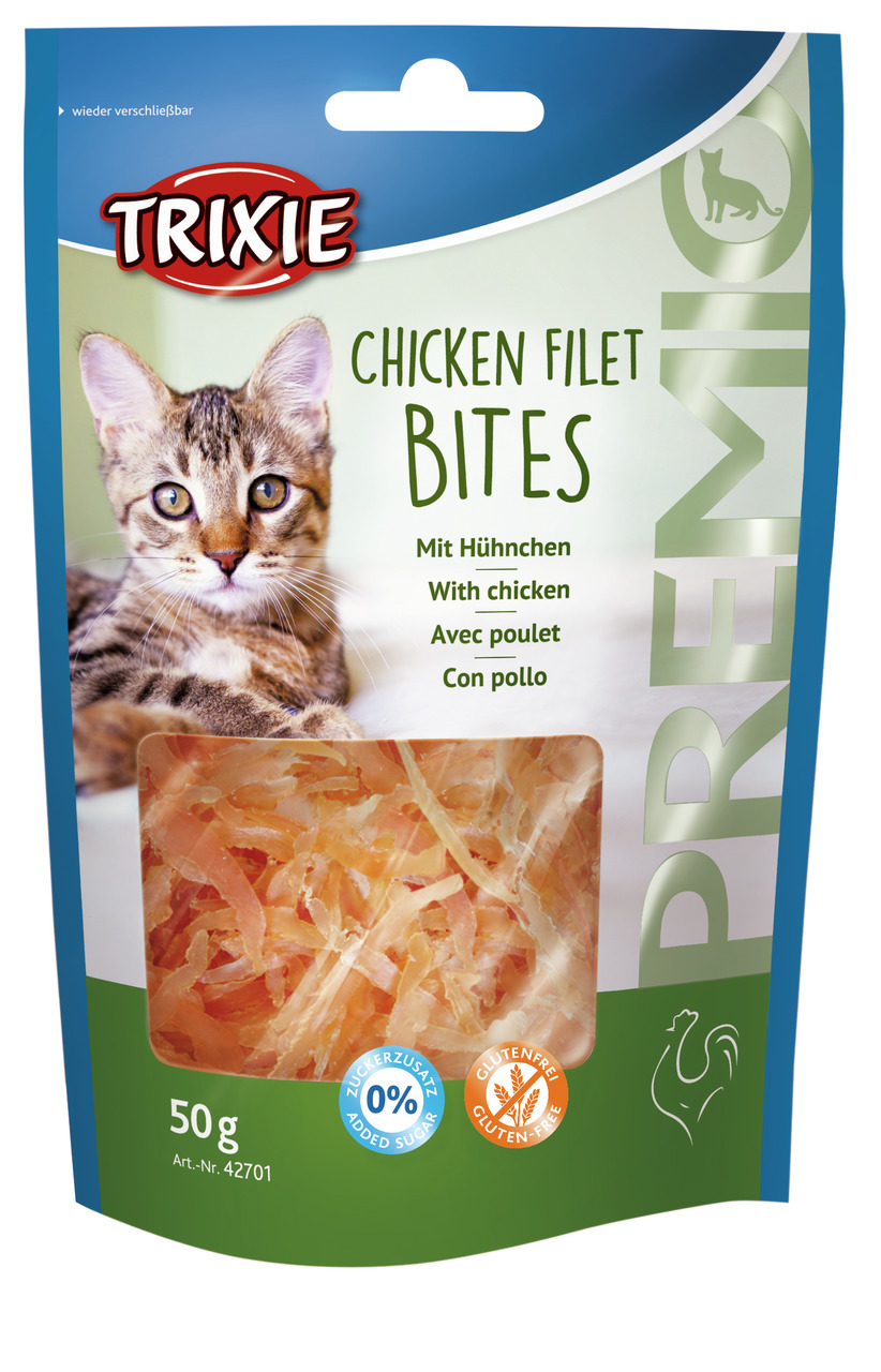 TRIXIE Premio Chicken Filet Bites, Katzensnacks mit Huhn, glutenfrei, ohne Zucker, wiederverschließbar, 50 g.