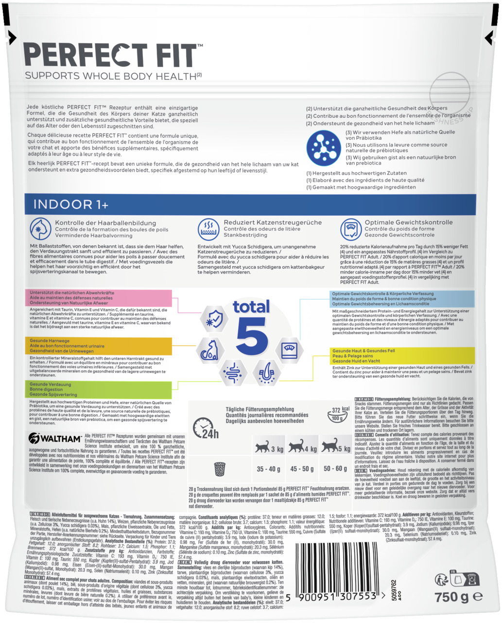 Das Bild zeigt die Rückseite einer Verpackung des Katzenfutters „Perfect Fit Indoor 1+“ der Marke Perfect Fit. Es richtet sich an ausgewachsene Katzen, die überwiegend im Haus leben. Die Geschmacksrichtung ist nicht angegeben. Die Verpackung hebt fünf ges