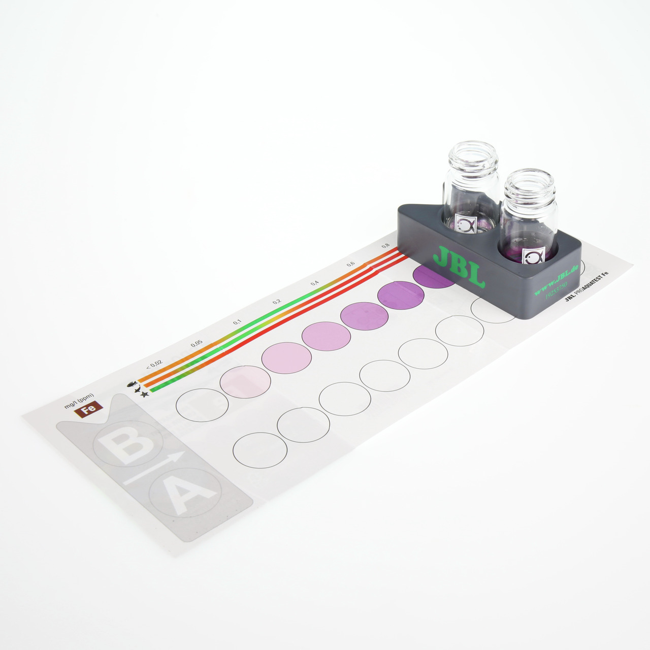 JBL Eisen-Test-Set Fe für Aquarienbesitzer, präzise Wasseranalyse, gesunde Pflanzen, inkl. 2 Glasküvetten, Farbskala, Halterung.