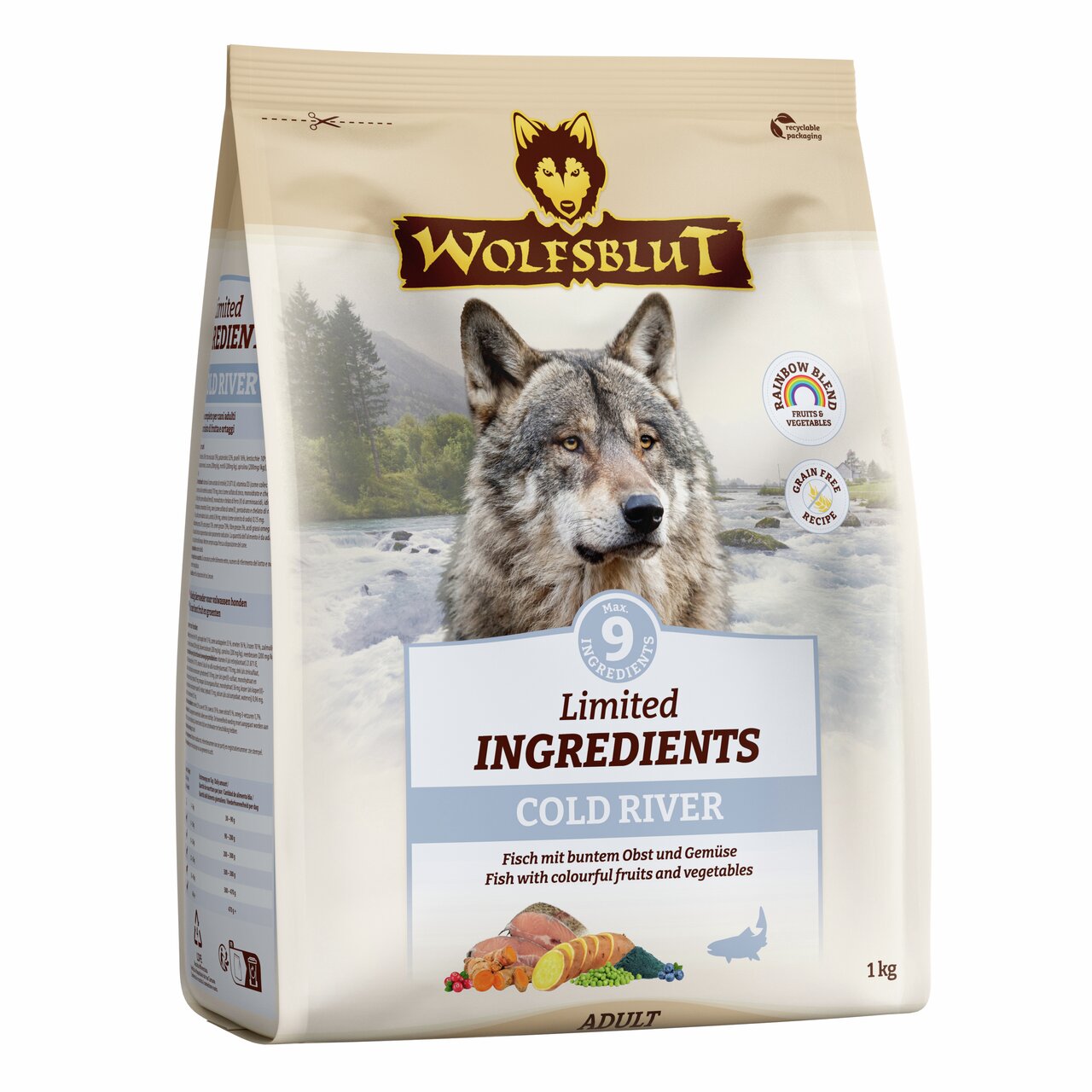 WOLFSBLUT Limited Ingredients Cold River Hundefutter, Fisch mit Obst & Gemüse, getreidefrei, für ausgewachsene Hunde, 1 kg.