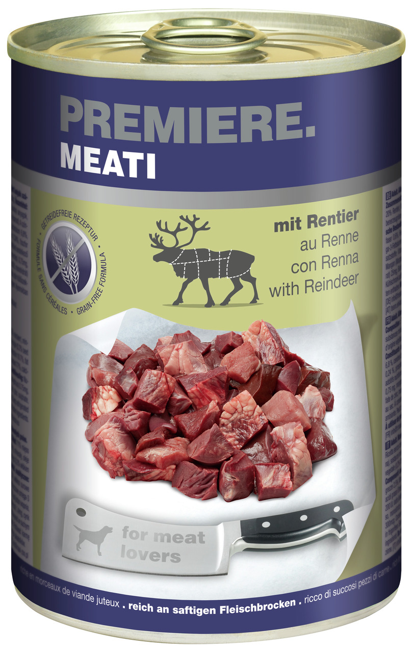 PREMIERE MEATI Hundefutter, Rentier, getreidefrei, saftige Fleischstücke, 400 g.